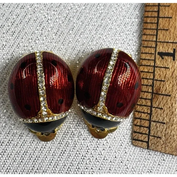 MMA 925 Sterling Ladybug Clip Earrings Red Enamel Rhinestone Vermeil - Picture 7 of 7